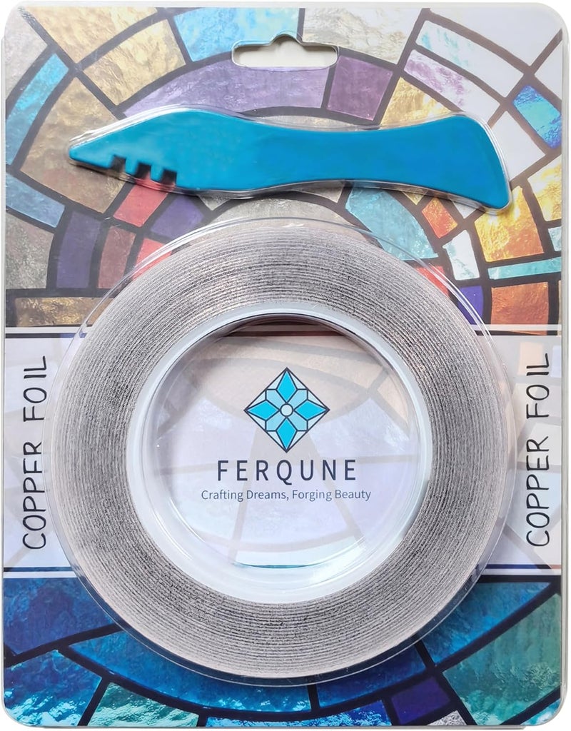 Ferqune 3/16 Inch Black Backed Copper Foil Foil Tape for Stained Glass, 2 Rolls, 1 Burnisher - Image 1